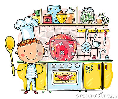 Cartoon kid as chief cooking in the kitchen Vector Illustration