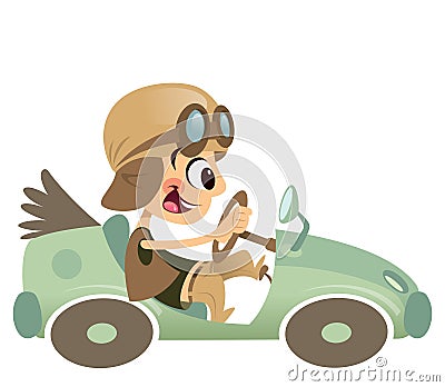 Cartoon kid boy with hat and eyeglasses driving retro car Vector Illustration