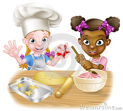 Cartoon Kid Chefs Cooking Vector Illustration