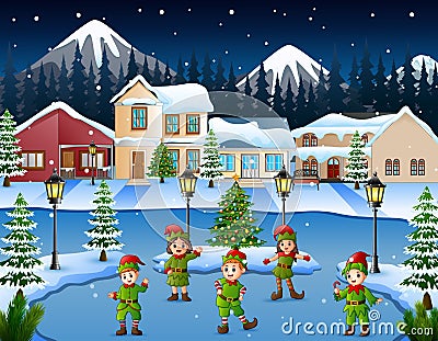 Cartoon of kid group wearing elf costume dancing in the snowy village Vector Illustration