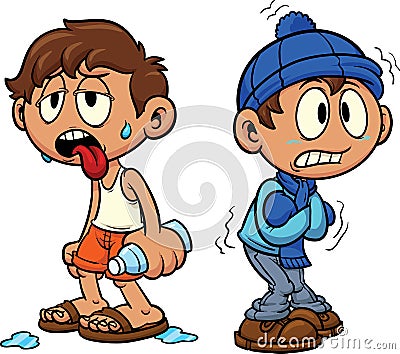 Cartoon kid in hot and cold weather Vector Illustration