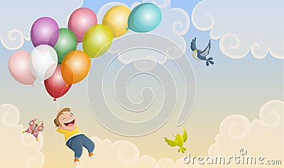 Cartoon kid illustration flying with balloons Vector Illustration