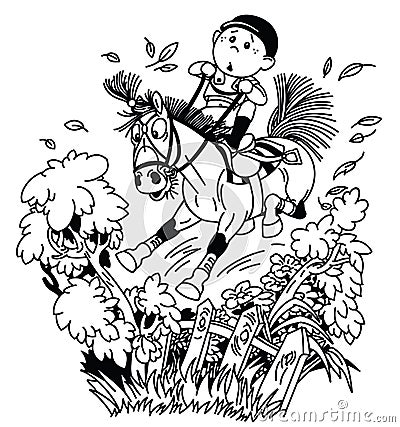 Cartoon kid jockey riding his pony Vector Illustration