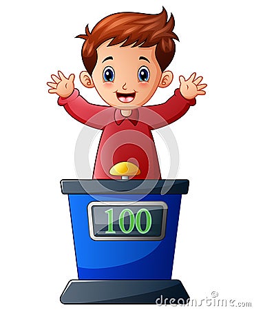 Cartoon kid playing quiz game answering question Vector Illustration