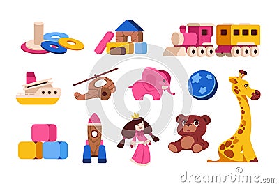 Cartoon kid toys. Baby and toddler colorful different plastic toys, various transport animals and puzzles. Vector infant Vector Illustration