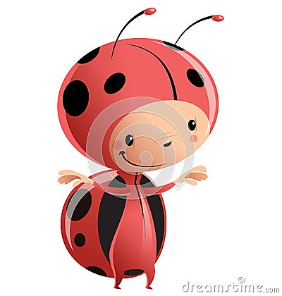 Cartoon kid wearing funny ladybug costume Vector Illustration