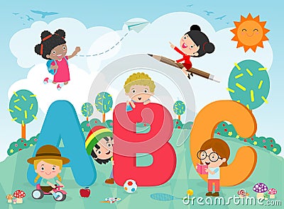 Cartoon kids with ABC letters, School kids with ABC, children with ABC letters,Vector Illustration. Vector Illustration