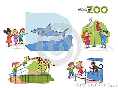 Cartoon kids character have fun at zoo scenes set Vector Illustration