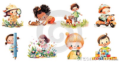 Cartoon kids clipart set. Illustration of children's outdoor activities. Little kids playing with pets and toys Stock Photo