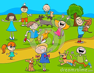 Cartoon kids with dogs in the park Vector Illustration