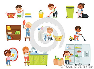 Cartoon kids doing housework, children helping with chores. Boys and girls vacuuming, dusting, washing dishes, mopping Vector Illustration