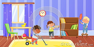 Cartoon kids doing housework in living room. Boy vacuuming carpet with hoover. Girl dusting book shelf Vector Illustration