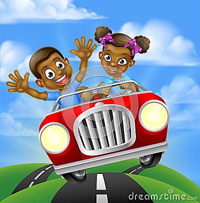 Cartoon Kids Driving Car Vector Illustration