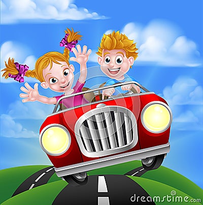 Cartoon Kids Driving Car Vector Illustration