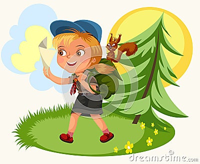 Cartoon kids following the compass in forest Vector Illustration