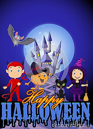 Cartoon kids with Halloween costume and pumpkin wizard Vector Illustration
