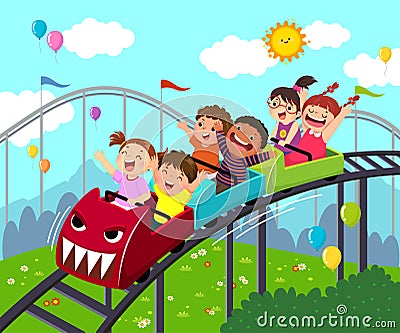 Cartoon of kids having fun on roller coaster in an amusement park Vector Illustration