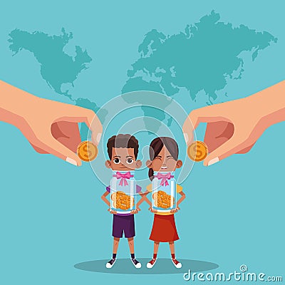 cartoon kids holding glass bottles with moneys and hands holding coins, colorful design Vector Illustration