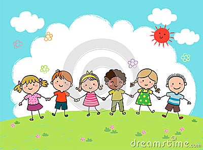 Cartoon kids holding hands together outdoor Vector Illustration