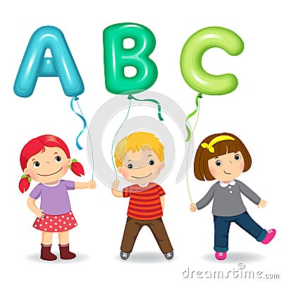 Cartoon kids holding letter ABC shaped balloons Vector Illustration