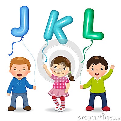 Cartoon kids holding letter JKL shaped balloons Vector Illustration