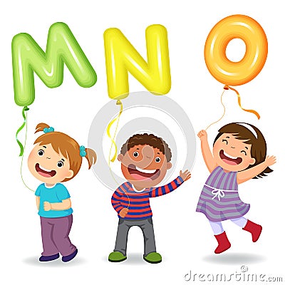 Cartoon kids holding letter MNO shaped balloons Vector Illustration