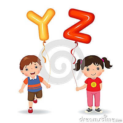 Cartoon kids holding letter YZ shaped balloons Vector Illustration