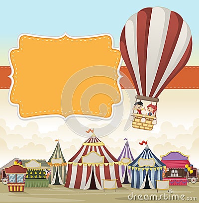 Cartoon kids inside a hot air balloon flying over cartoon circus. Vector Illustration