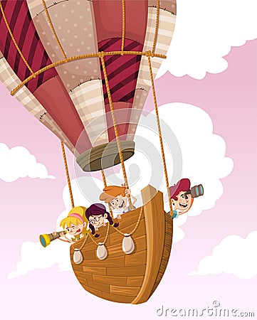 wooden boat on a hot air balloon flying on the sky Vector Illustration