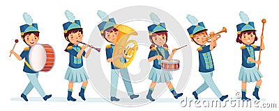 Cartoon kids marching band parade. Child musicians on march, childrens loud playing music instruments cartoon vector Vector Illustration