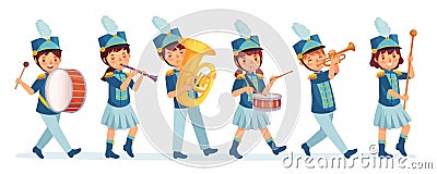 Cartoon kids marching band parade. Child musicians on march, childrens loud playing music instruments cartoon vector illustration Vector Illustration