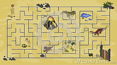 Cartoon kids maze in dinosaur world. Labyrinth of dino way. Help researcher find path to gate. Childrens home game Vector Illustration