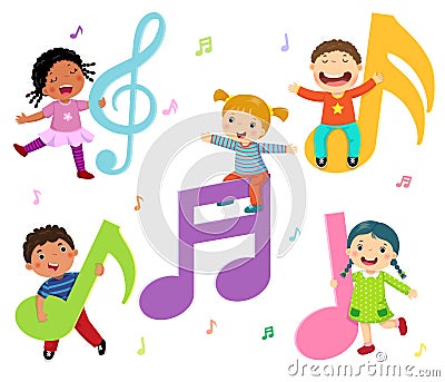 Cartoon kids with music notes Vector Illustration