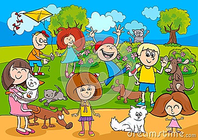 Cartoon kids with pets in the park Vector Illustration