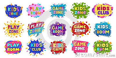 Cartoon kids play room badges, play zone labels. Entertainment children playroom, game zone party stickers flat vector symbols set Vector Illustration