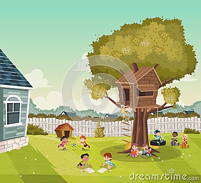 Cartoon kids playing on the backyard of a colorful house in suburb neighborhood. Sports and recreation. Vector Illustration