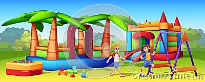 Cartoon kids playing on playground with inflatable slides and trampolines Stock Photo