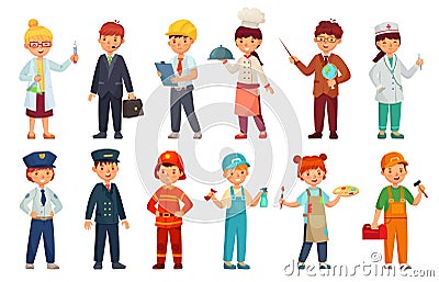 Cartoon kids in professional uniform. Doctor children outfit, businessman kid and baby engineer worker vector set Vector Illustration
