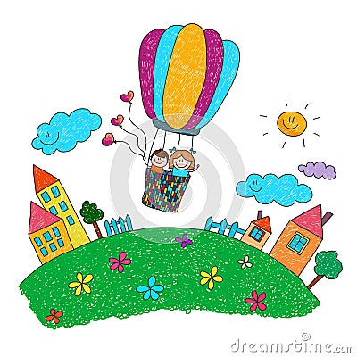 Cartoon kids riding a hot air balloon. Stock Photo