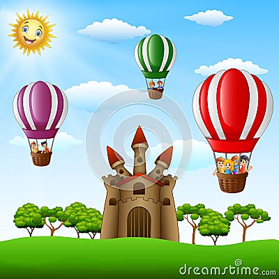 Cartoon kids riding in a hot air balloon near the castle Vector Illustration