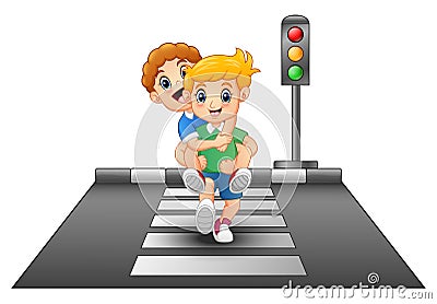 Cartoon kids running on crossing the street Vector Illustration