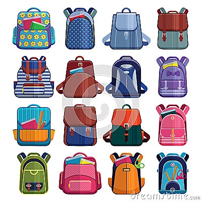 Cartoon kids school bags backpack Back to School rucksack vector set illustration on white Vector Illustration