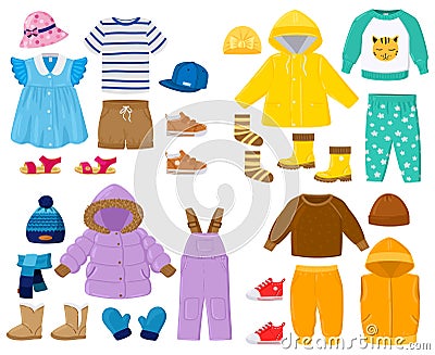 Cartoon kids seasonal winter, spring, summer, fall clothes. Puffer jacket, pants, shirt, sandals childrens outfits Vector Illustration