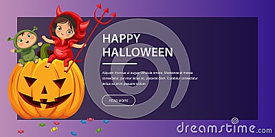 Cartoon kids sitting on Halloween pumpkin poster. Happy children in Hallows mystery costumes of shrek and devil having Vector Illustration