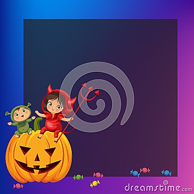 Cartoon kids sitting on Halloween pumpkin poster. Happy children in Hallows mystery costumes of shrek and devil having Vector Illustration