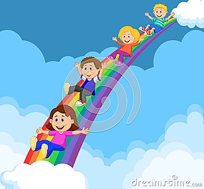 Cartoon Kids Sliding Down a Rainbow Vector Illustration