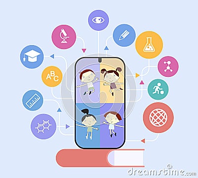 Cartoon kids on a smartphon monitor surrounded by education icons. Home schooling. Distance Learning Concept Vector Illustration