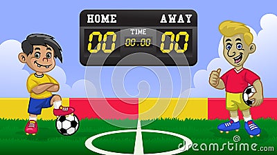 Cartoon kids soccer player having match in the soccer field Vector Illustration