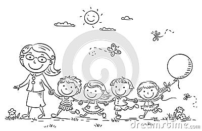 Cartoon Kids and their Teacher Outdoors, Outline Vector Illustration