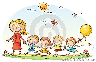 Cartoon Kids and their Teacher Outdoors Vector Illustration